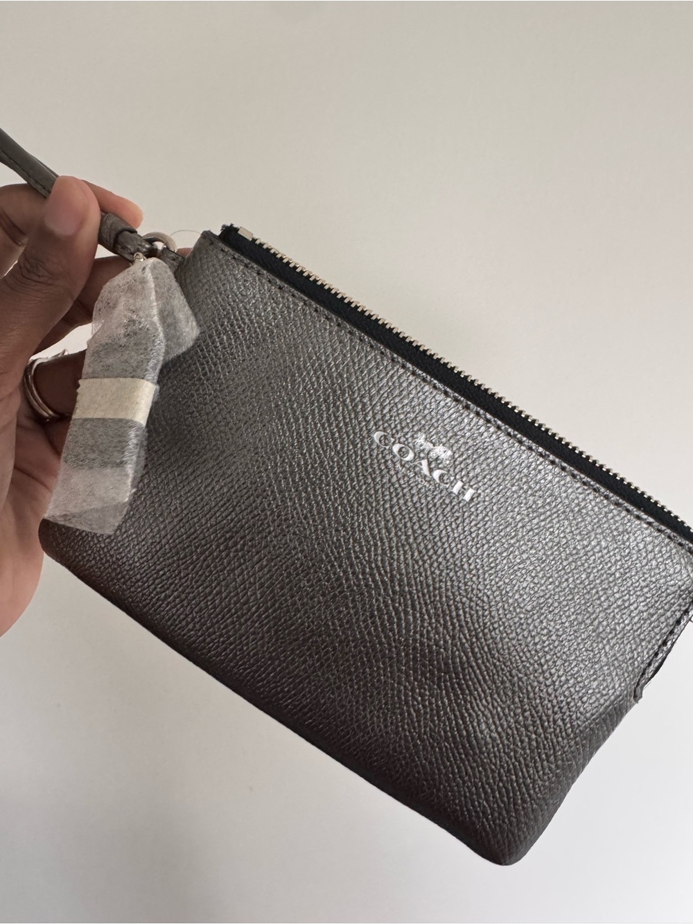 Coach Metallic Gray Leather Wristlet Pouch